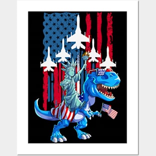 Fighter Jet American Flag 4th Of July Dinosaur Dino Statue Of Liberty Posters and Art